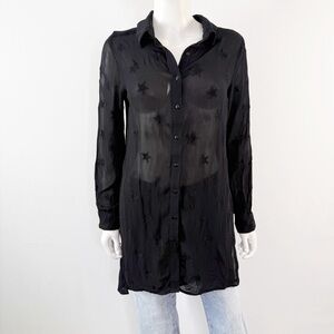 Michael Stars Black Sheer Star Embroidered Shirt Size L Tunic Gothic Witchcore
